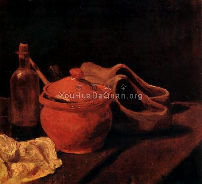 有陶器、瓶子和木屐的静物 - 文森特·威廉·梵高